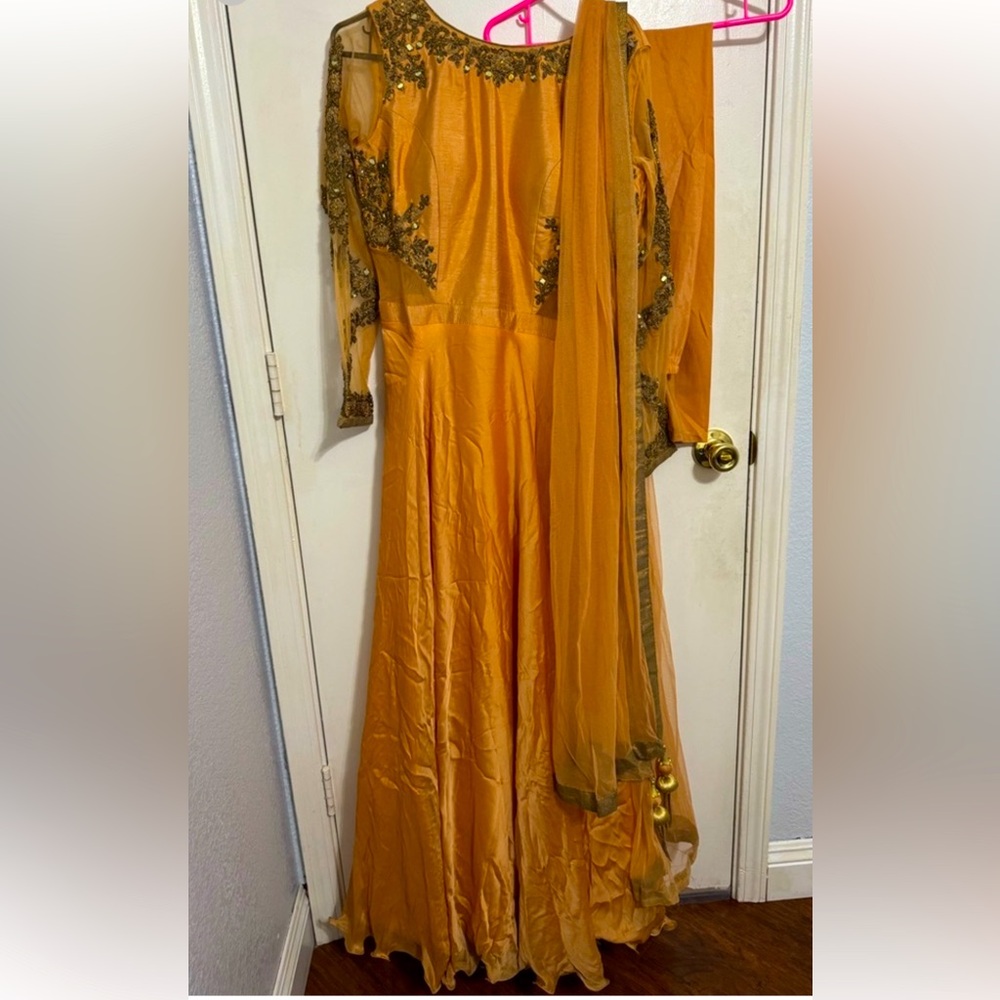 Long princess Elegant Gold Women's Dress gown anarkali